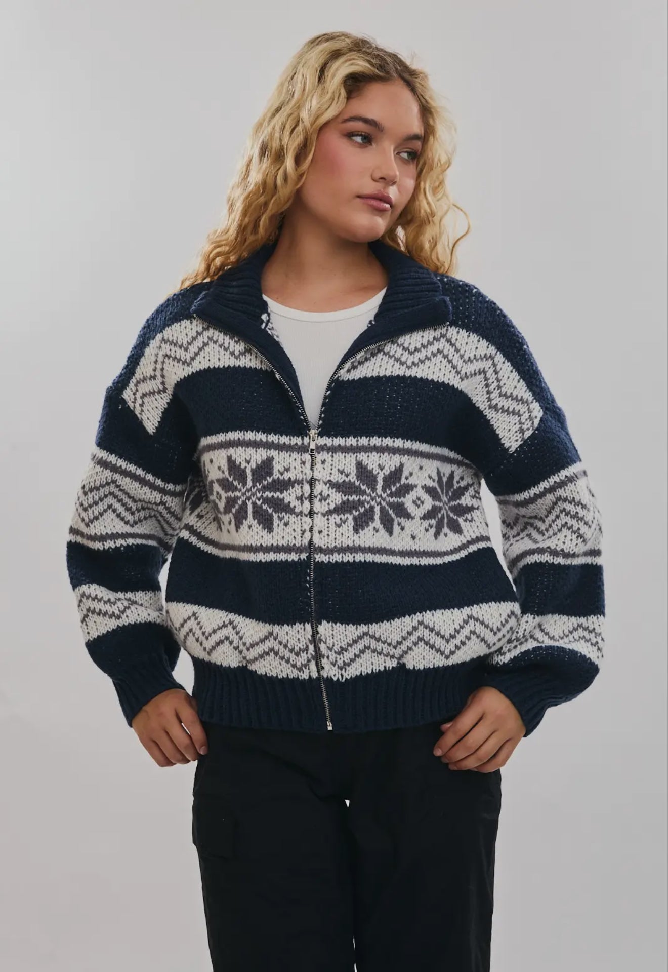 Cooper Fair Isle Collared Sweater Jacket - Navy