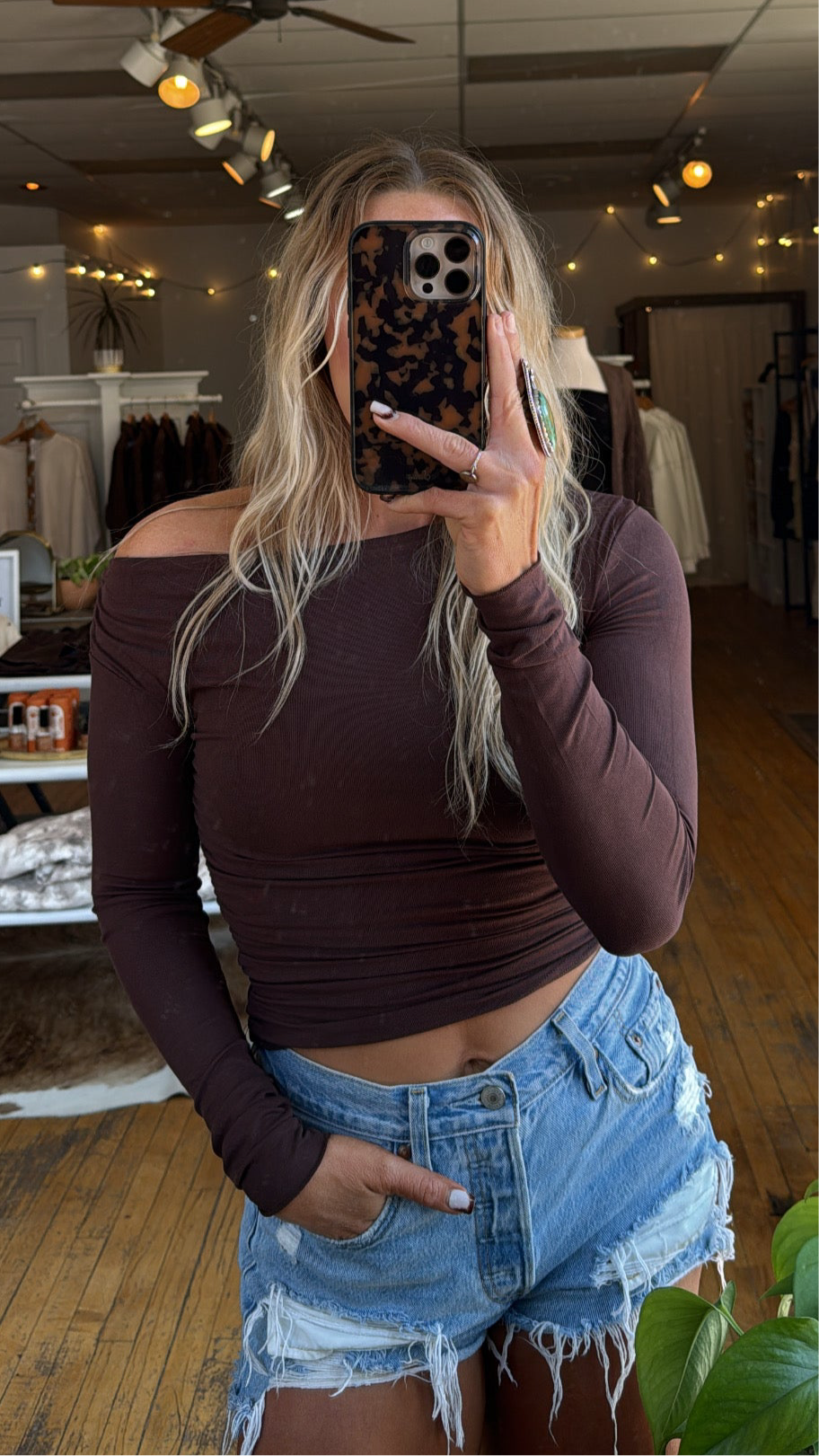 Brown Asymmetric Long Sleeve Top