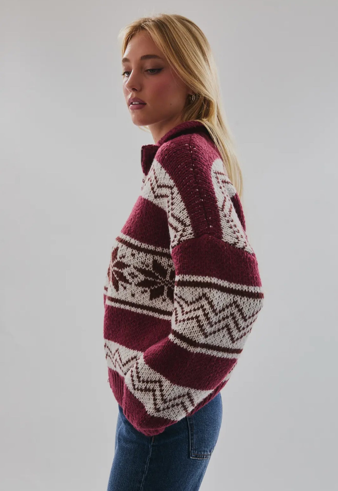 Cooper Fair Isle Collared Sweater Jacket - Burgundy