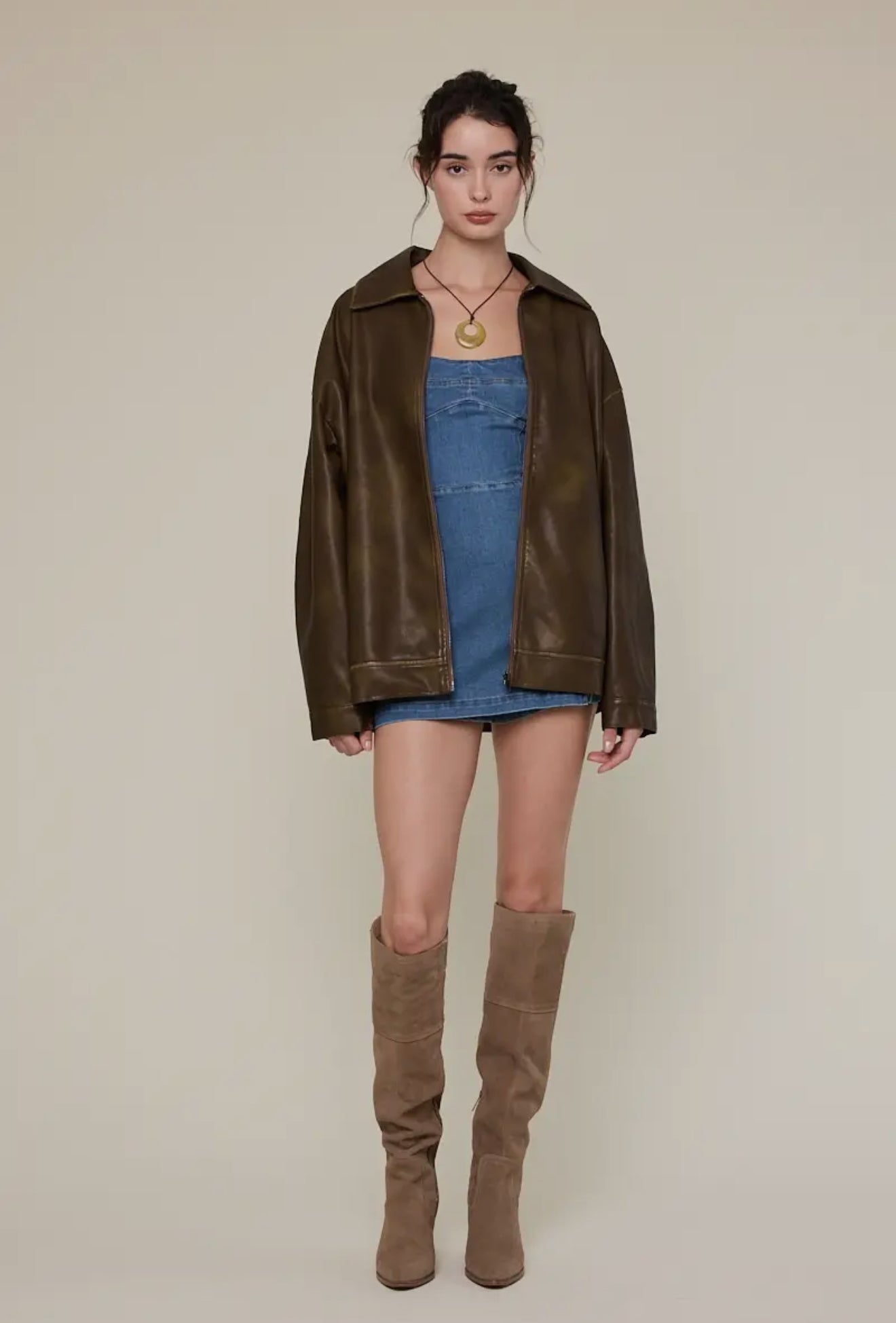 Faux Leather Collared Oversized Casual Jacket