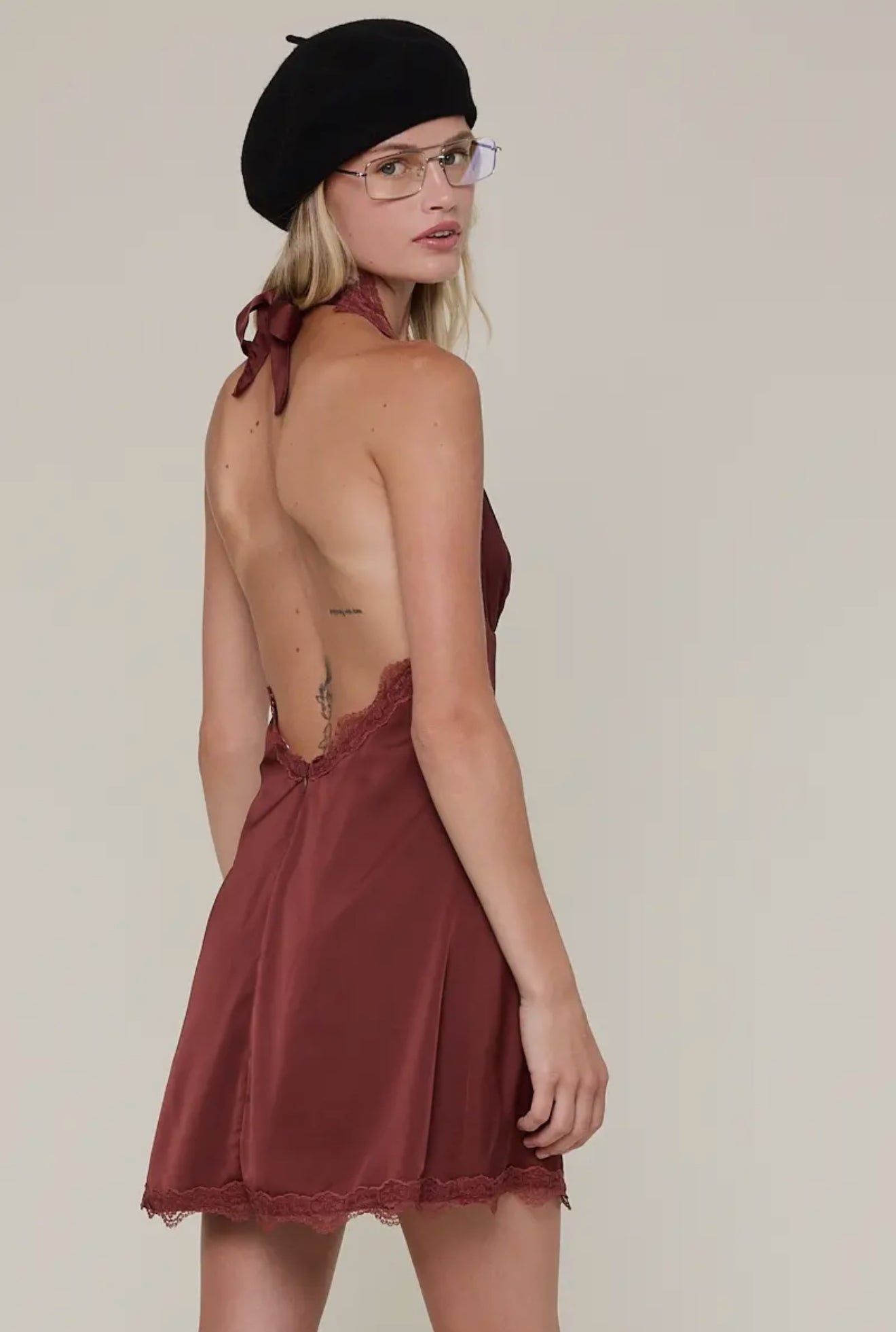 Chocolate Wine Halter Lace Mini Dress