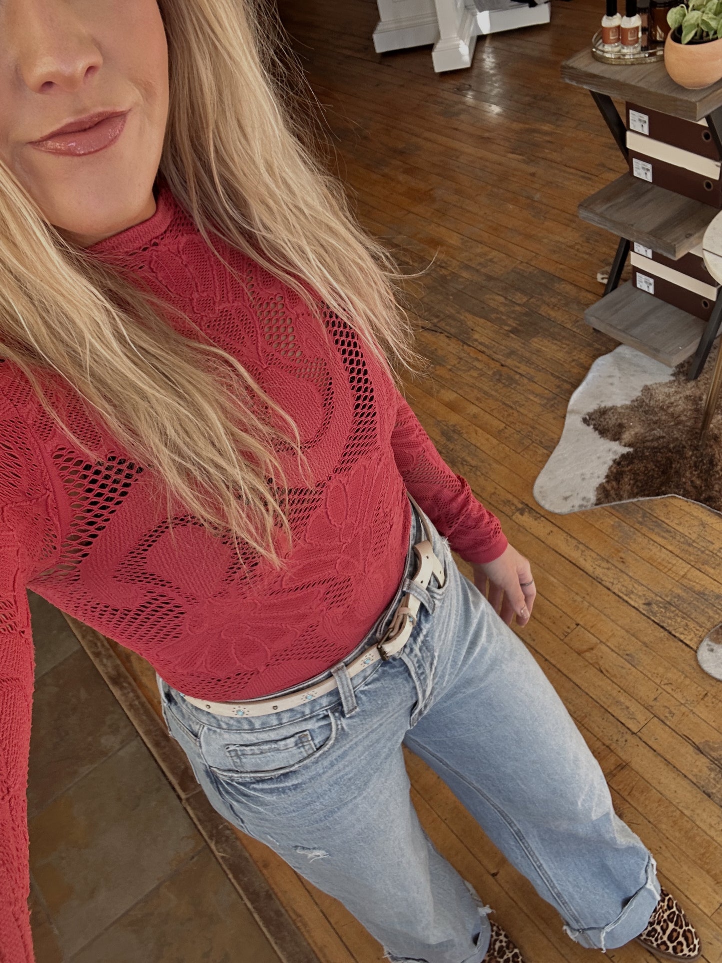 Lucy Crimson Seamless Jacquard Mock Neck