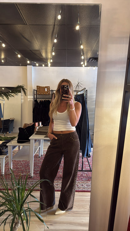 Studded Suede Wide Leg Pant