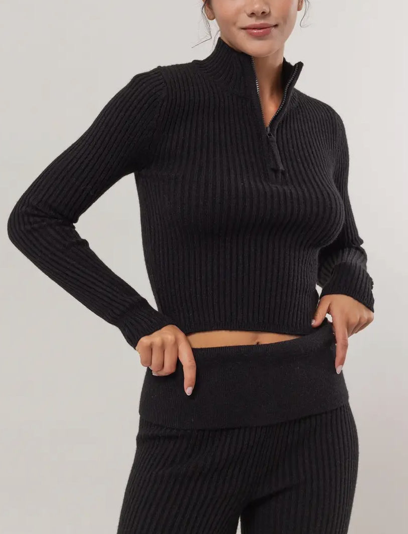 Black Ribbed Crop Half Zip Top