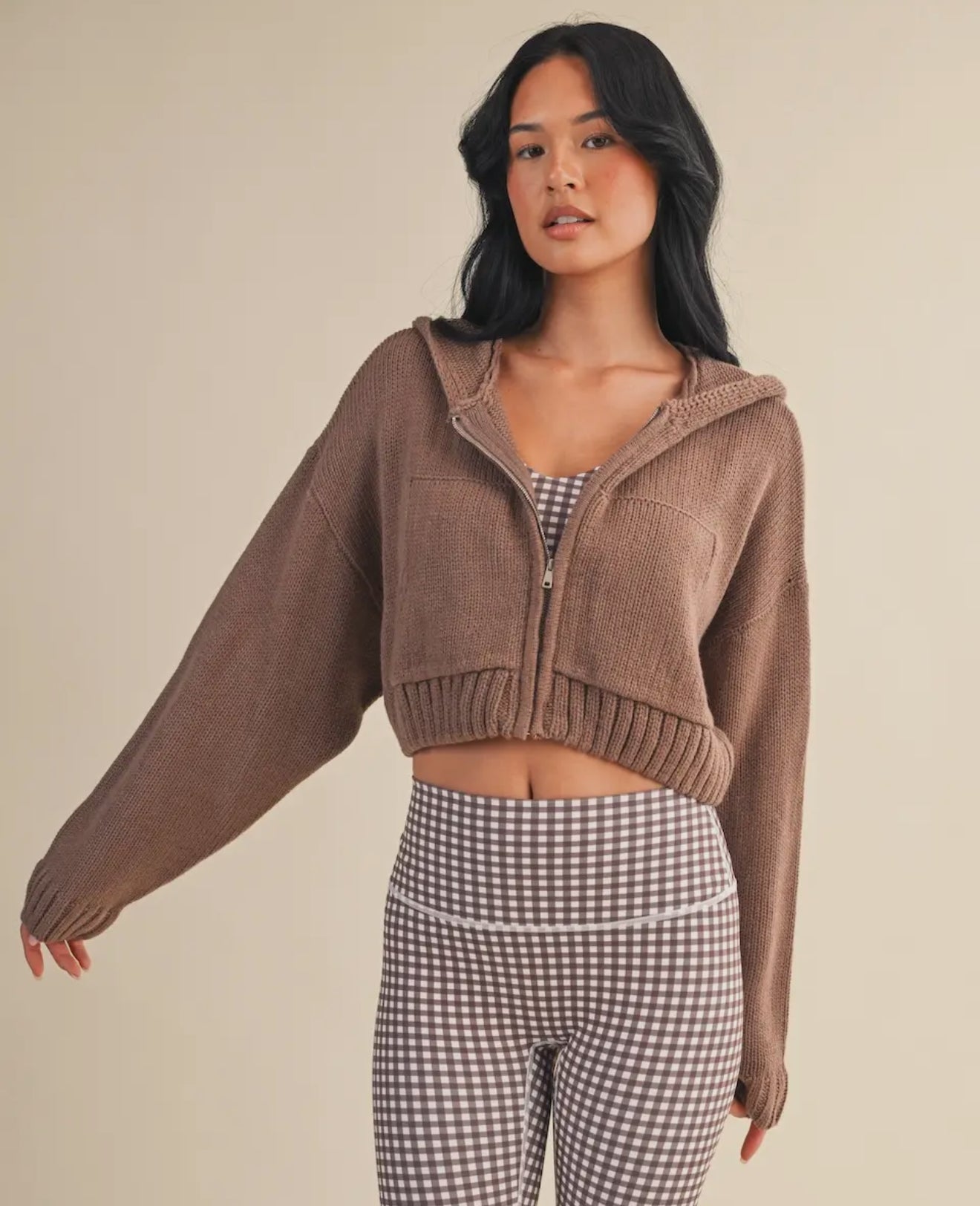 Brown Knit Zip Hoodie Sweater
