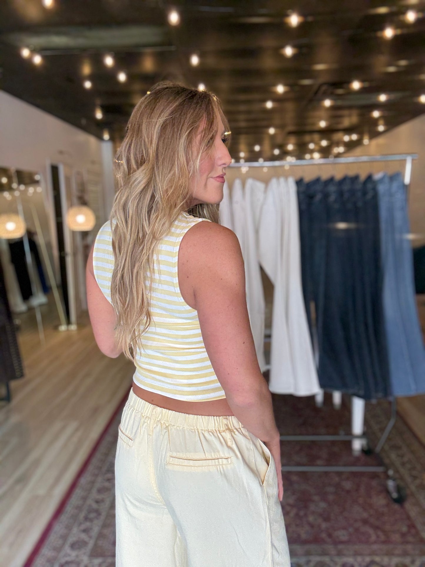 Butter & White Sleeveless High Neck Stripe Knit Top