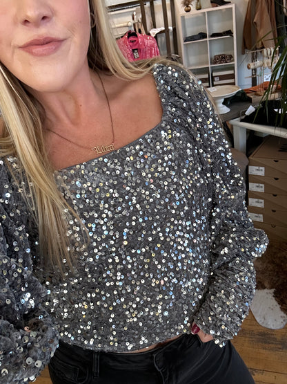 Velvet Sequin Puff Sleeve Top