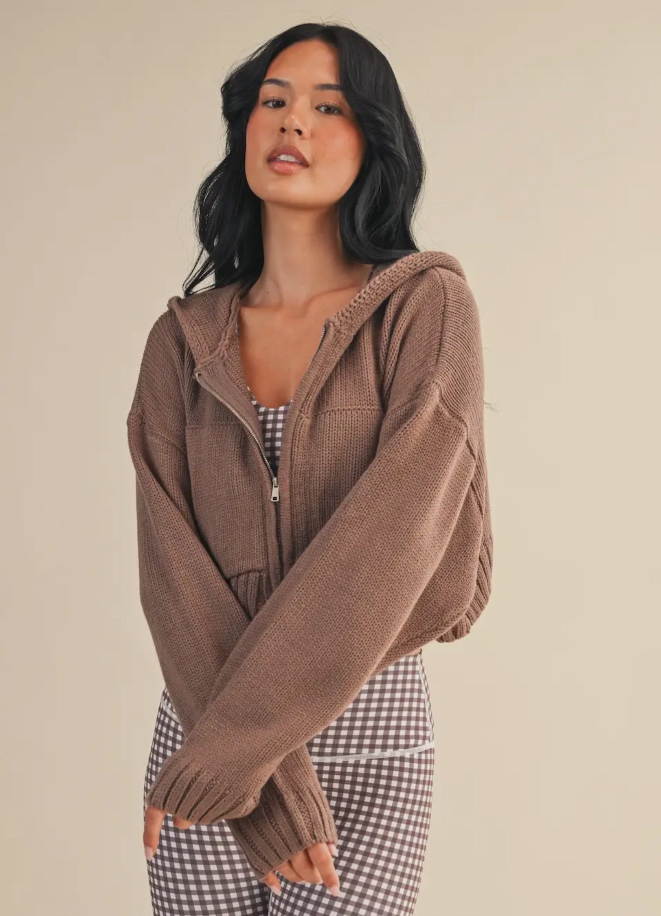 Brown Knit Zip Hoodie Sweater