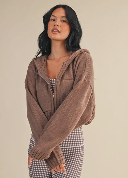 Brown Knit Zip Hoodie Sweater