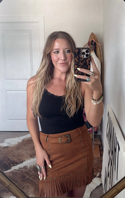 Star Of The Show Fringe Mini Skirt - Camel