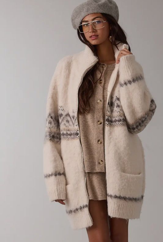 Aspen Fair Isle Turtle Neck Knit Maxi Sweater Cardigan