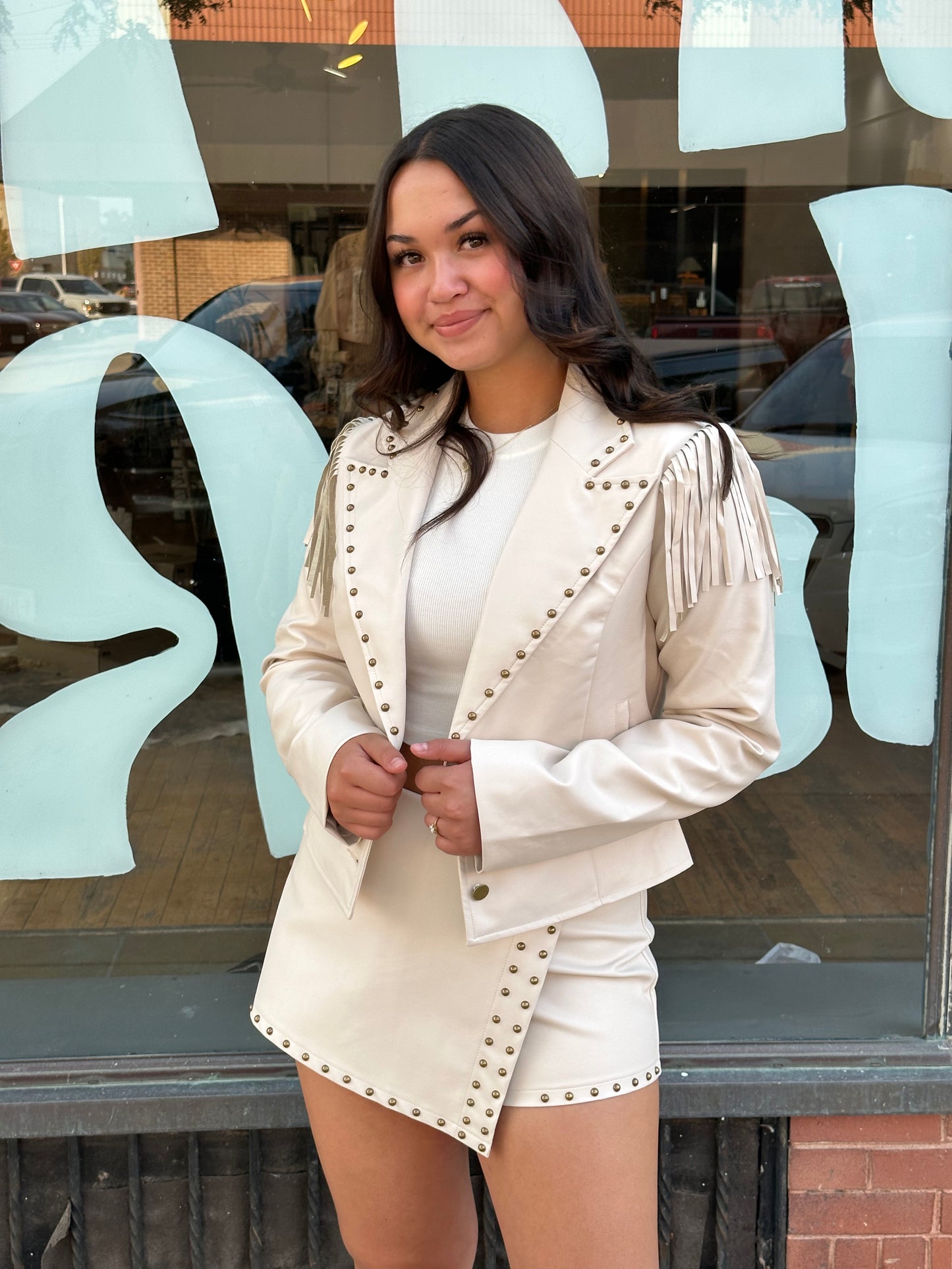 White Vegan Leather Fringe & Stud Jacket