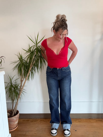 High Rise Wide Leg Dark Cuffed Denim