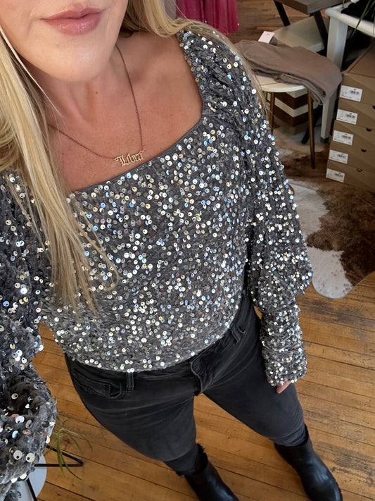 Velvet Sequin Puff Sleeve Top