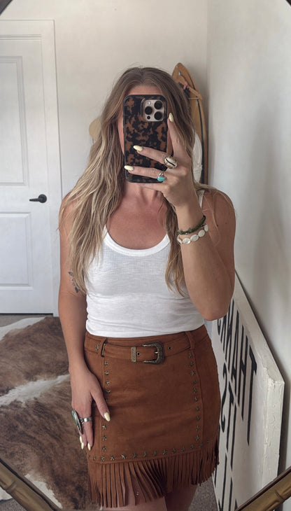 Star Of The Show Fringe Mini Skirt - Camel