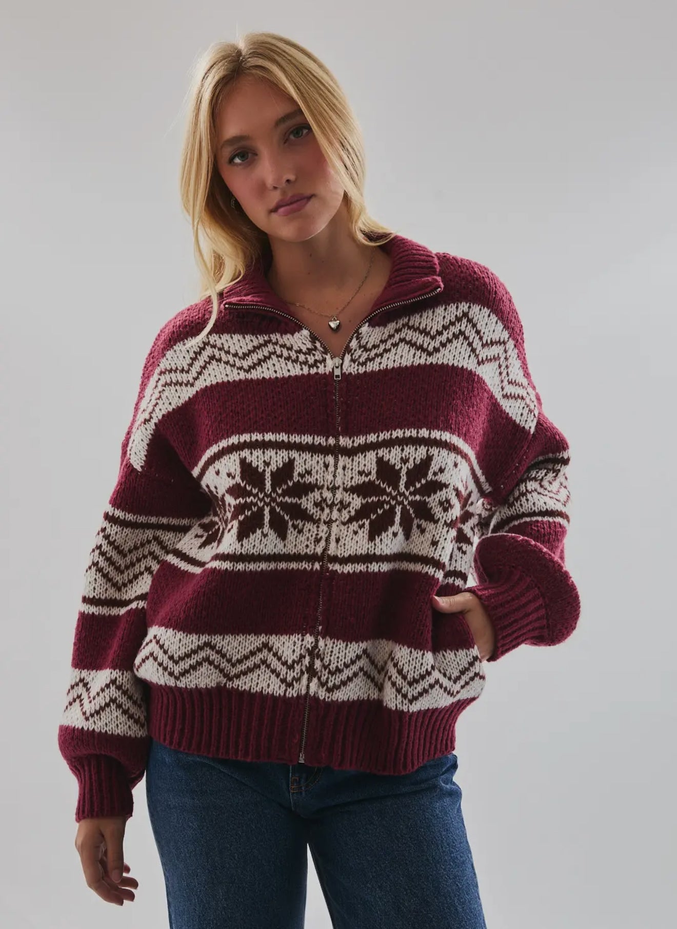Cooper Fair Isle Collared Sweater Jacket - Burgundy