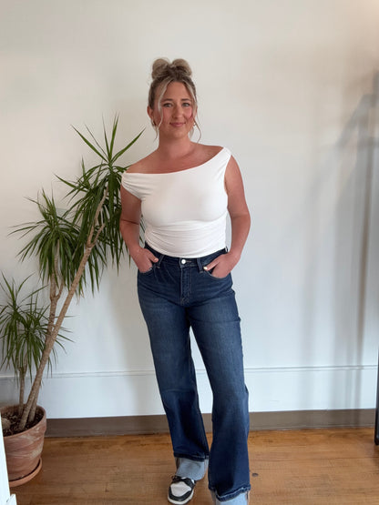High Rise Wide Leg Dark Cuffed Denim