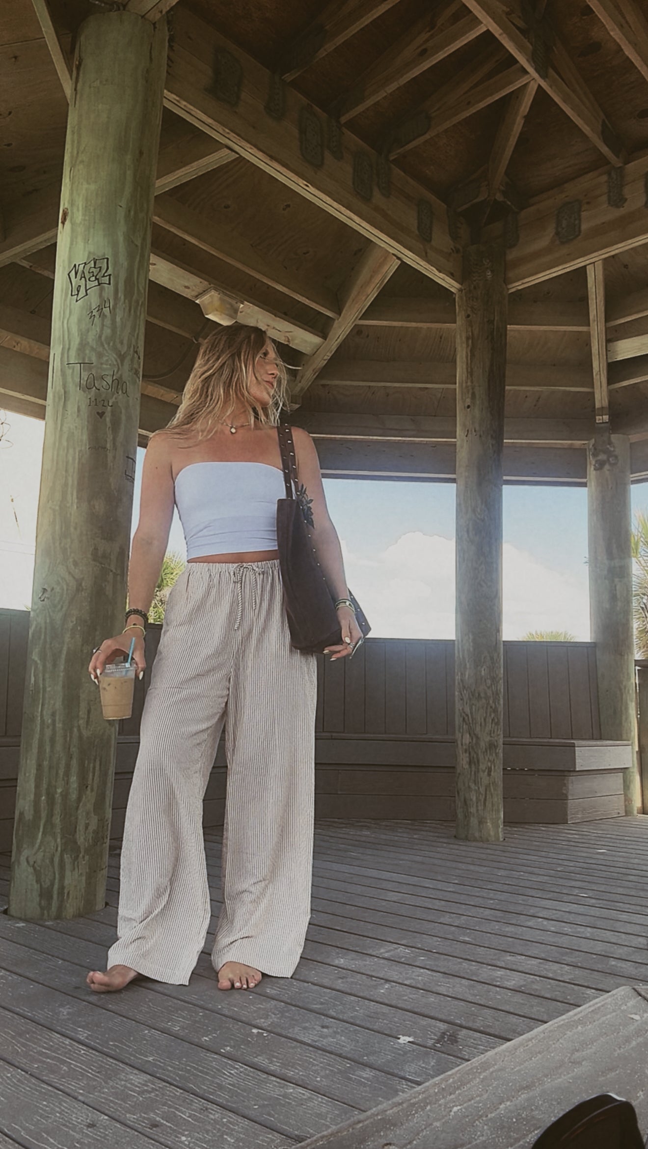 Coast Striped Drawstring Waist Pants | Taupe & White