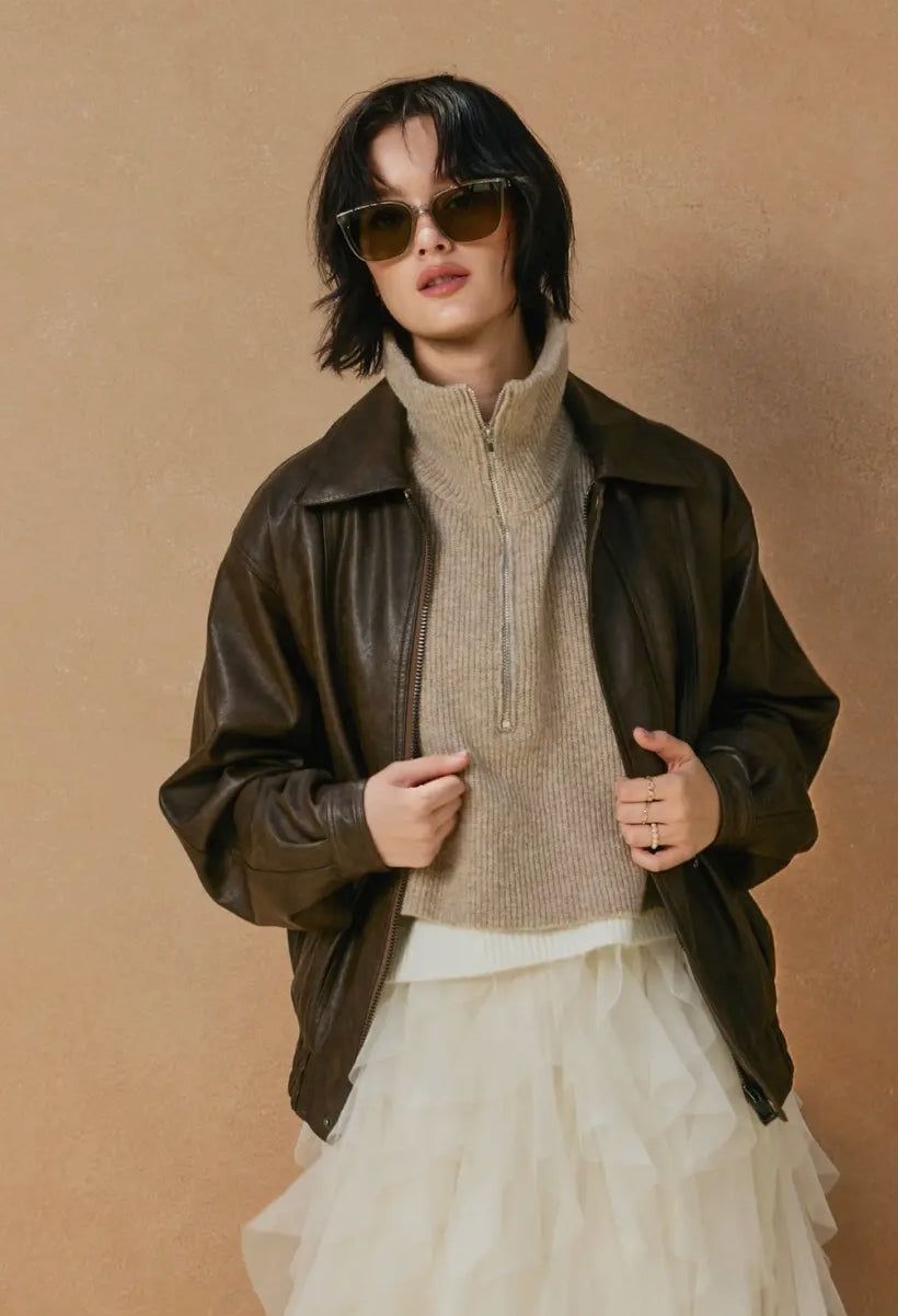 Espresso Oversized Faux Leather Biker Jacket
