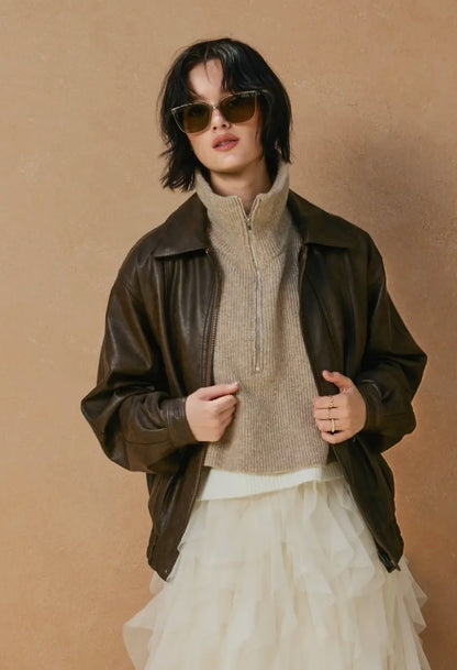 Espresso Oversized Faux Leather Biker Jacket