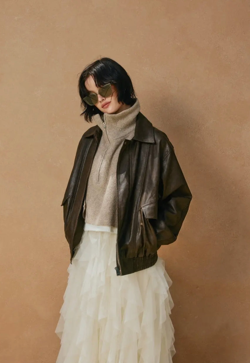 Espresso Oversized Faux Leather Biker Jacket