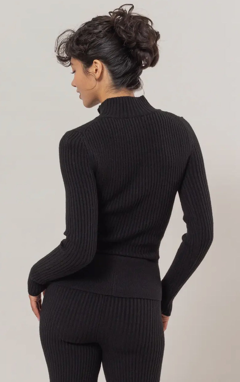 Black Ribbed Crop Half Zip Top