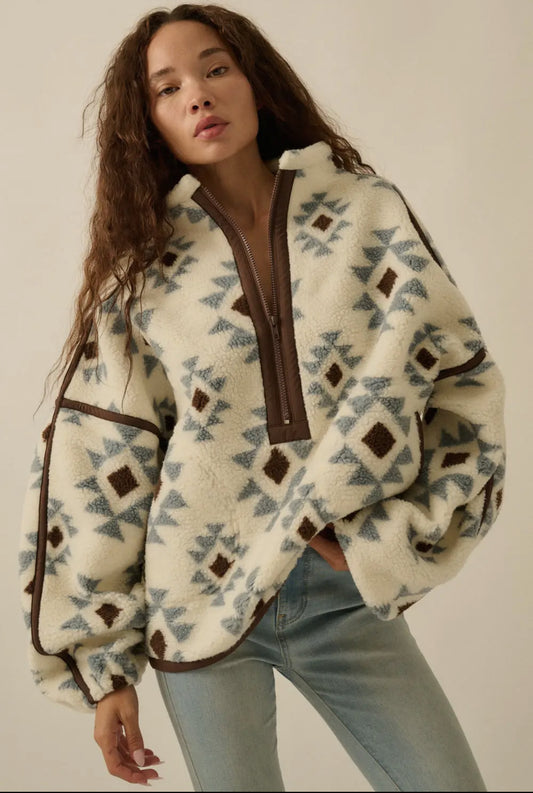 Geometric-Print Sherpa Fleece Half-Zip Pullover