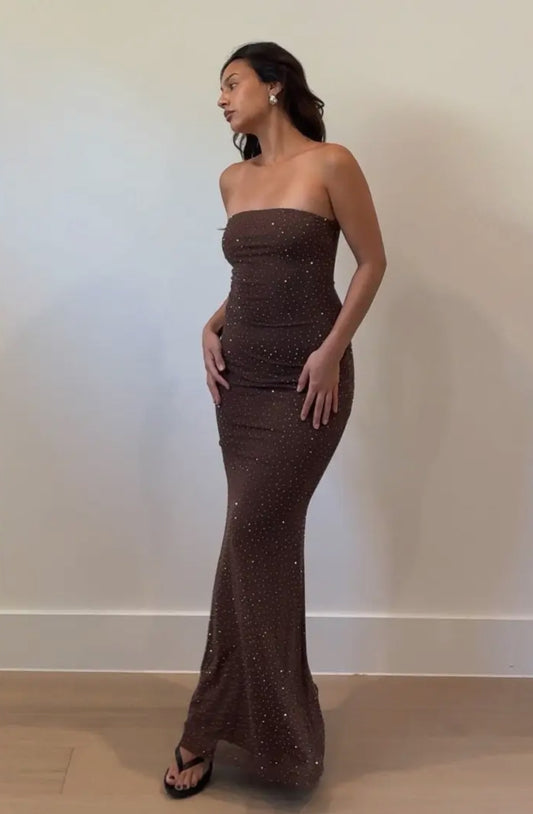 Mocha Sequin Studded Mermaid Maxi Dress