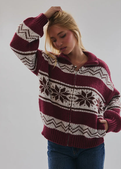 Cooper Fair Isle Collared Sweater Jacket - Burgundy