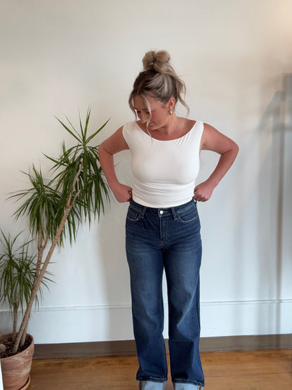 High Rise Wide Leg Dark Cuffed Denim