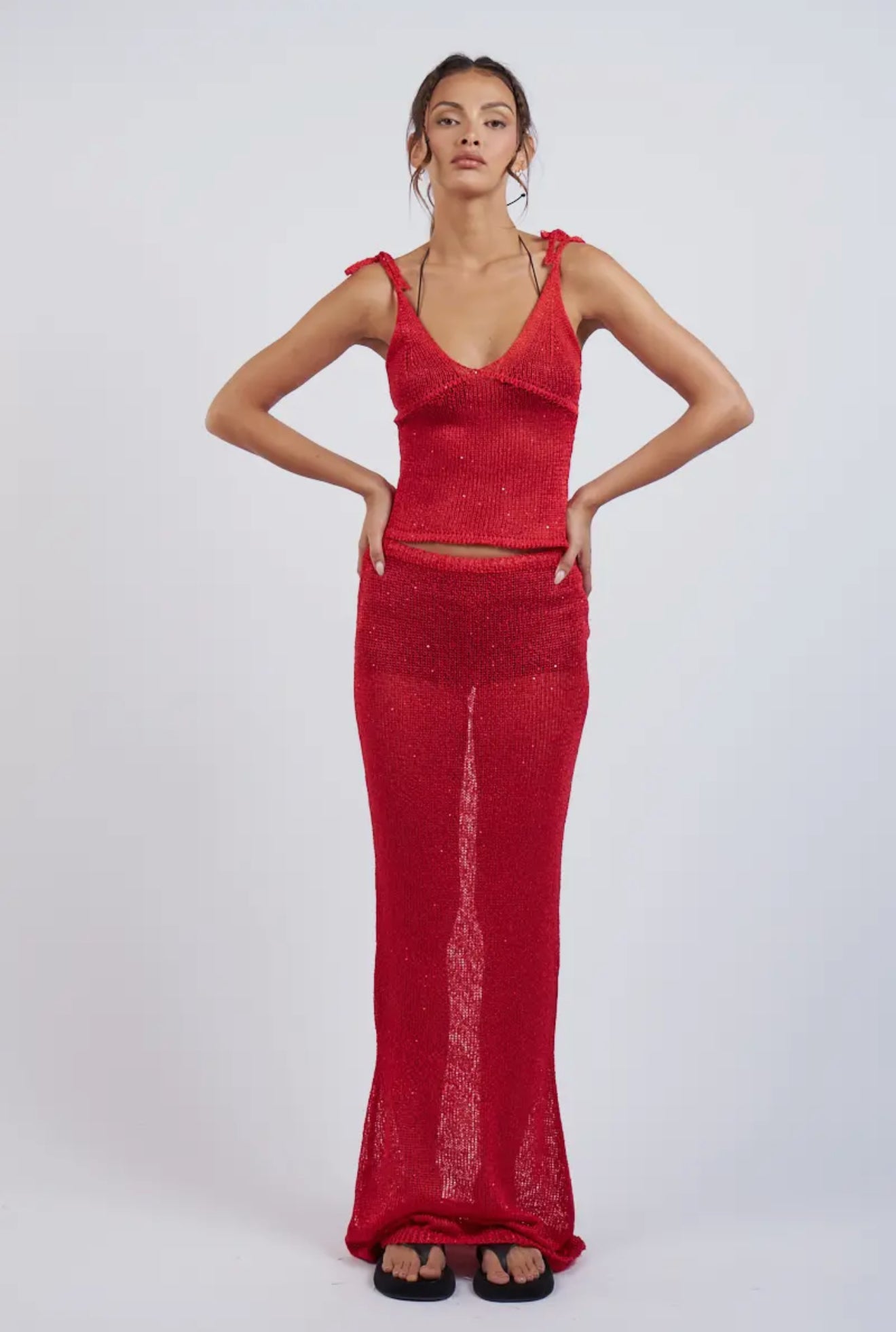 Red Knit Tie Strap Top & Maxi Skirt Cover-Up Set