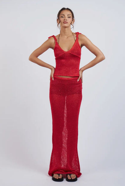 Red Knit Tie Strap Top & Maxi Skirt Cover-Up Set