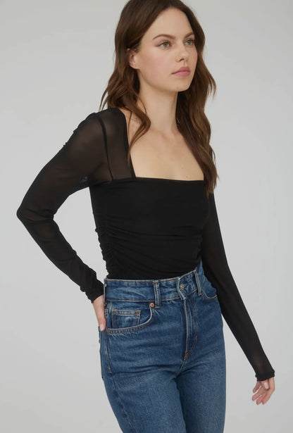 Ruched Waist Square Neck Long Sleeve Knit Top