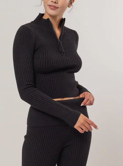 Black Ribbed Crop Half Zip Top