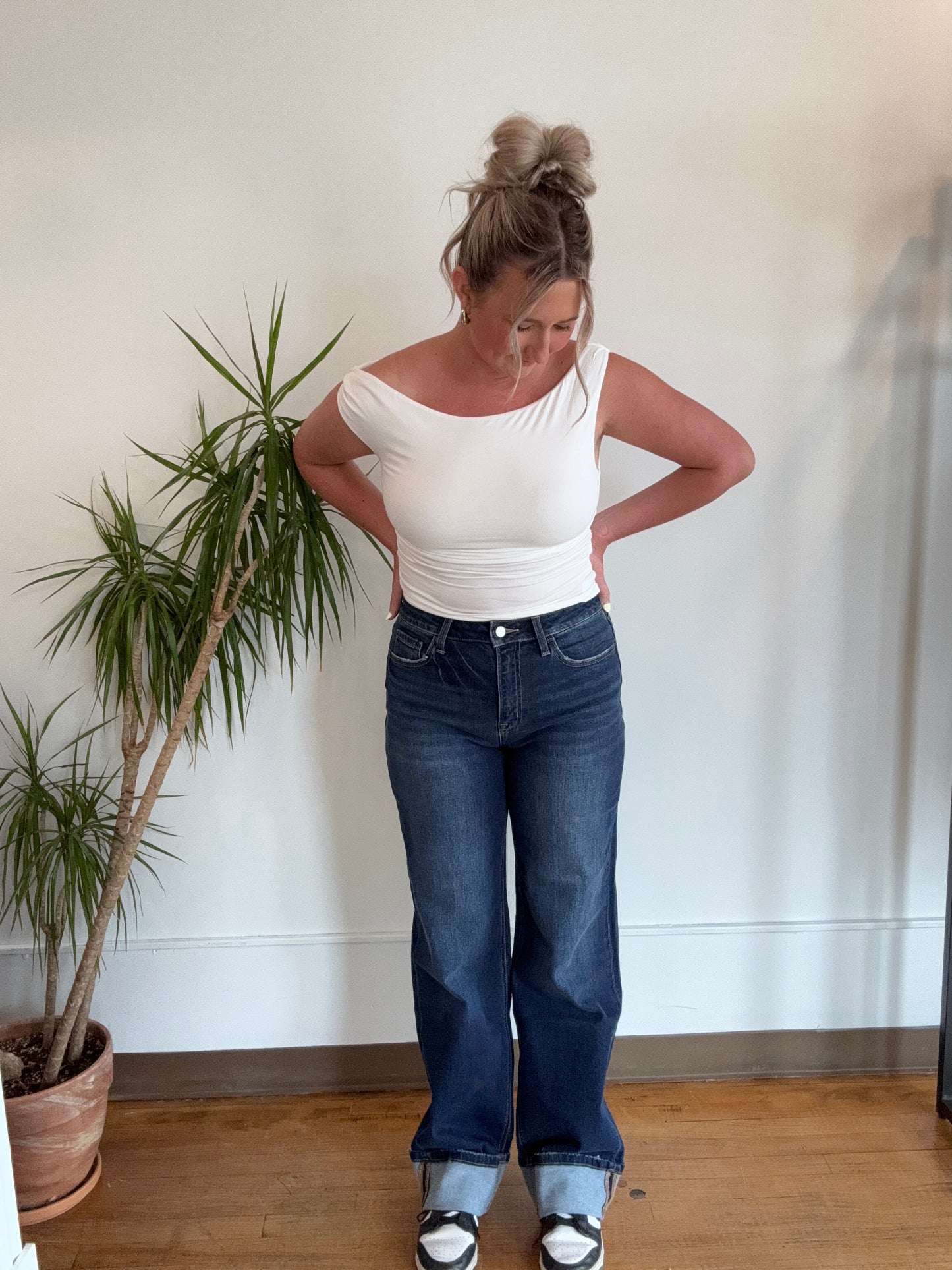 High Rise Wide Leg Dark Cuffed Denim