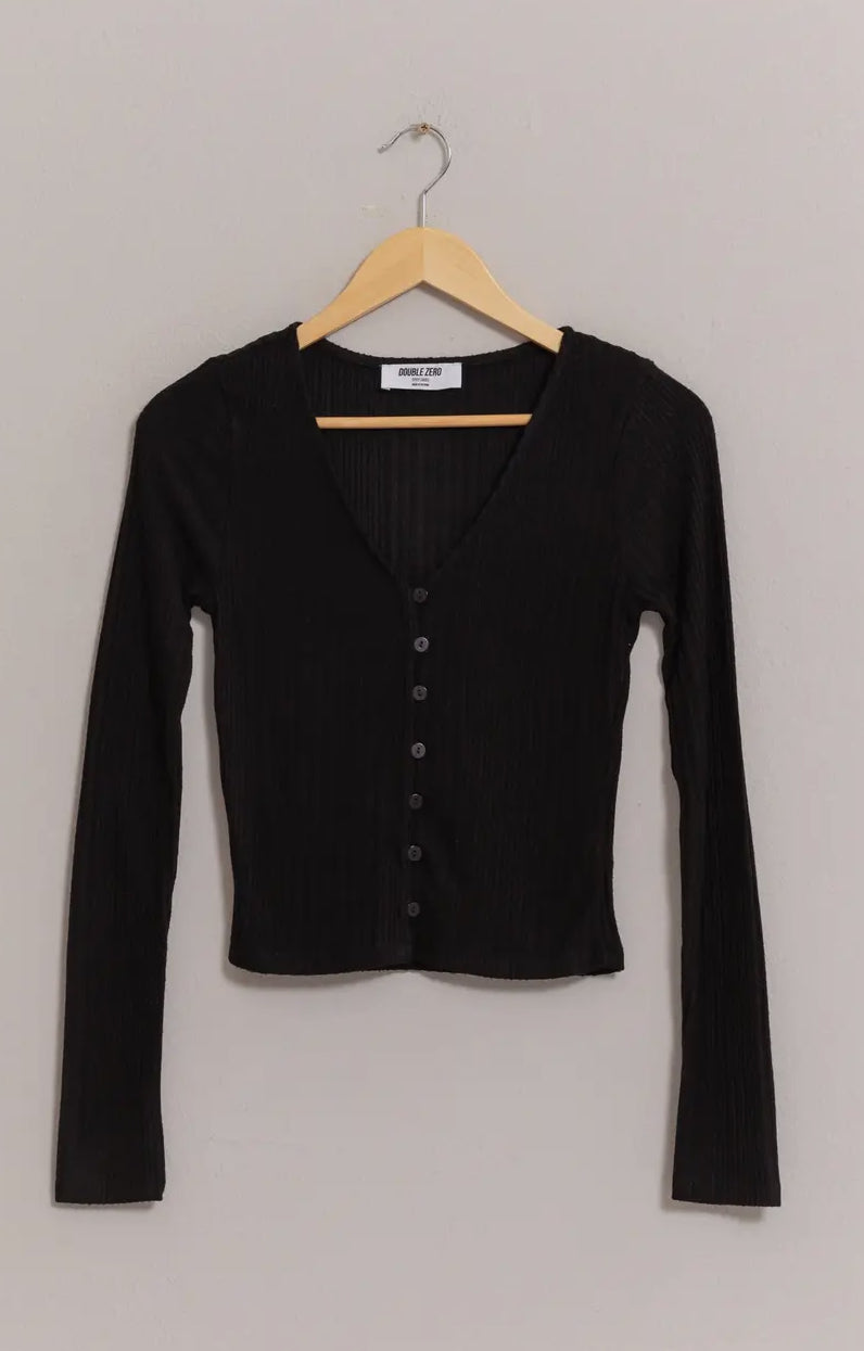 Black Ribbed Button Front Top