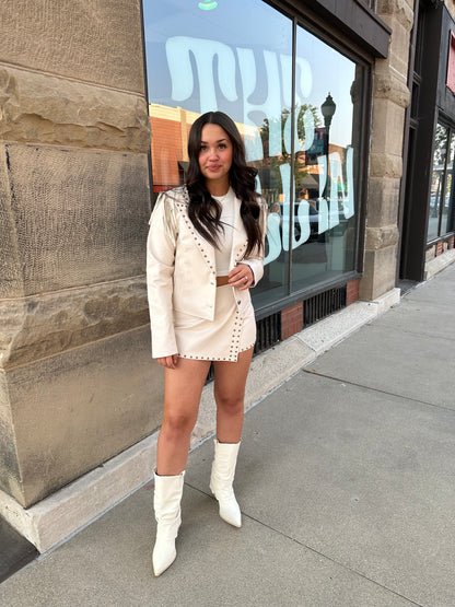 White Vegan Leather Fringe & Stud Jacket