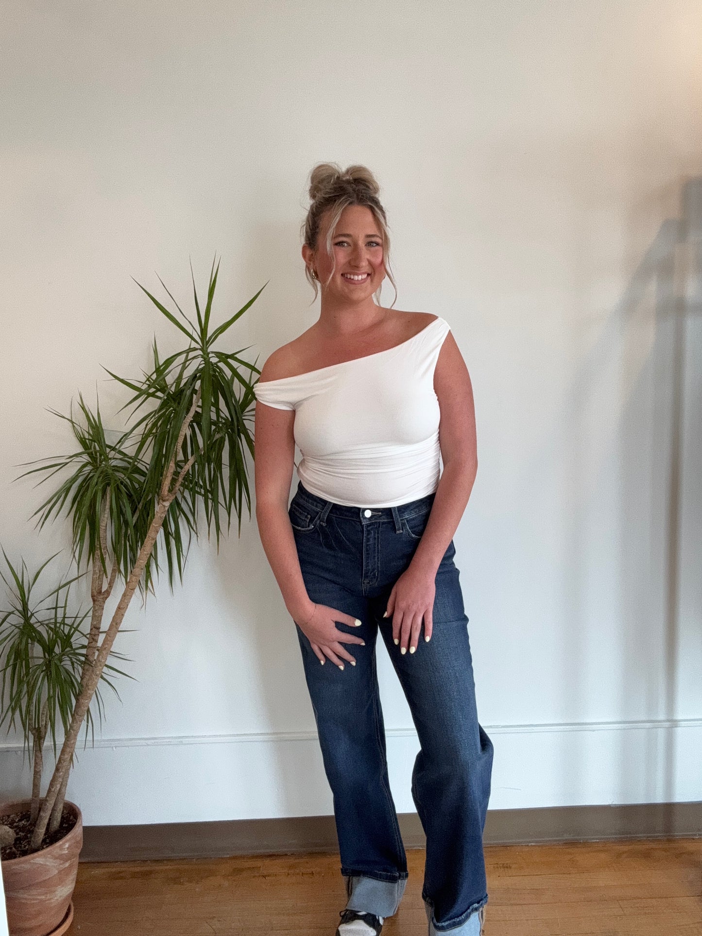 High Rise Wide Leg Dark Cuffed Denim