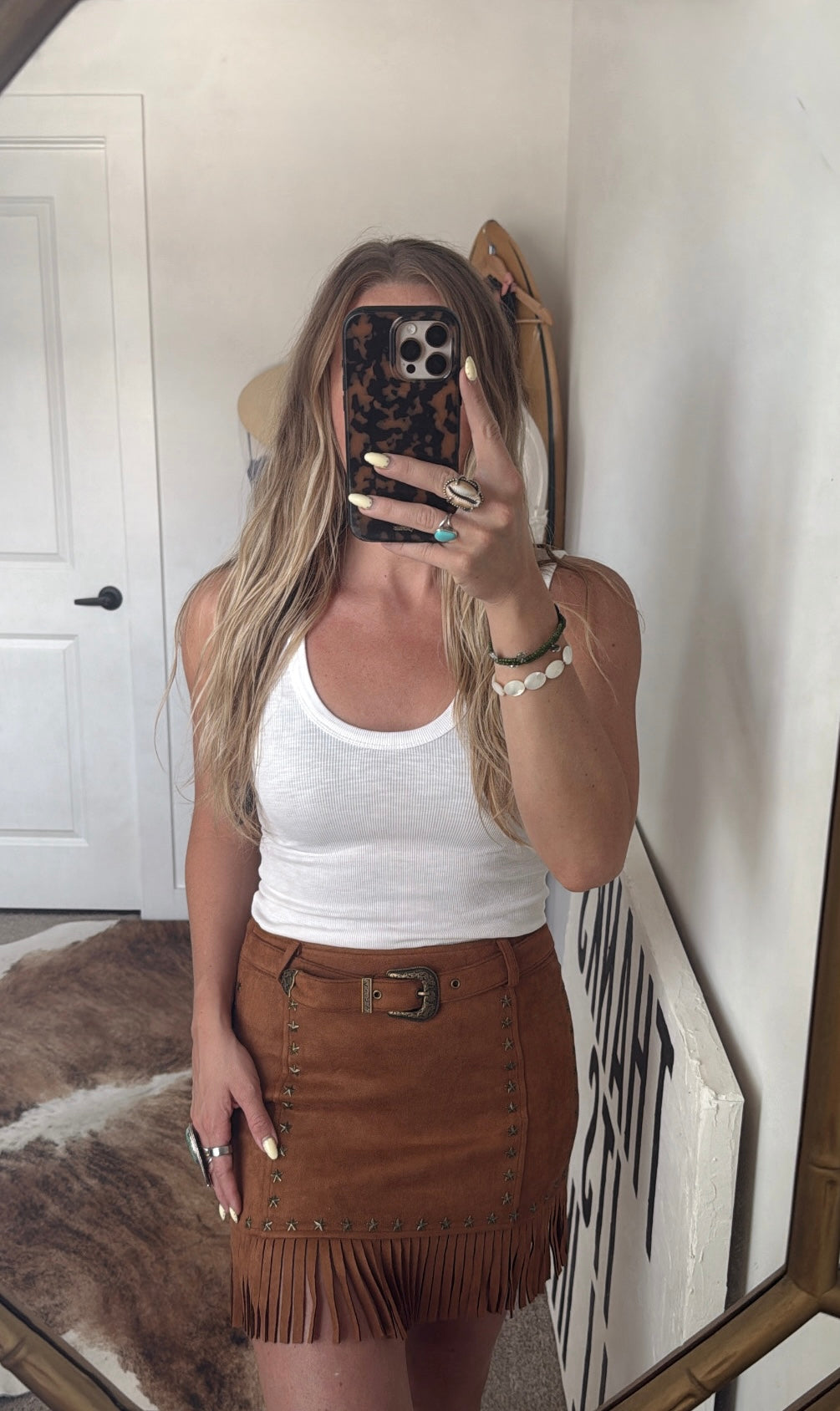 Star Of The Show Fringe Mini Skirt - Camel