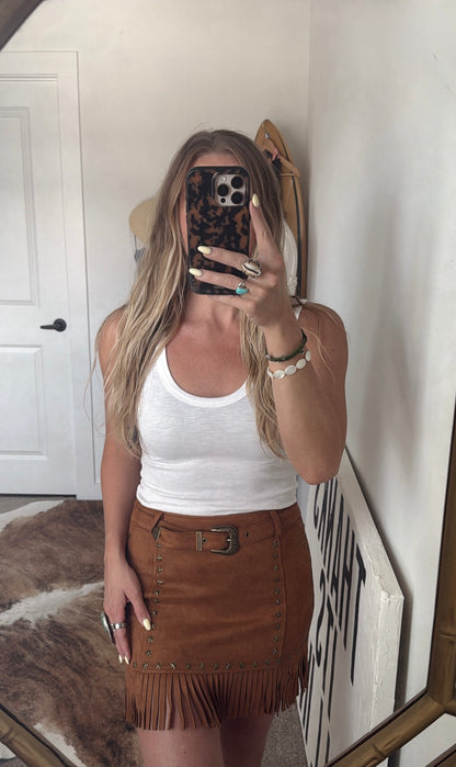 Star Of The Show Fringe Mini Skirt - Camel