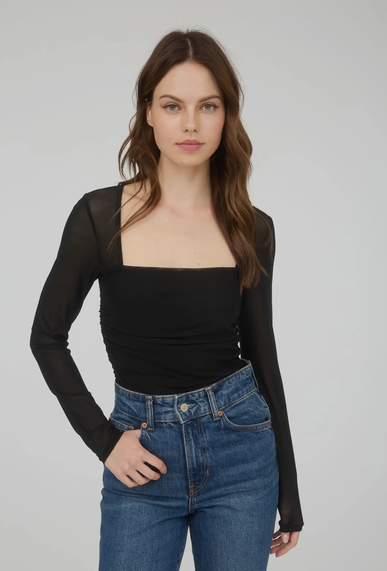 Ruched Waist Square Neck Long Sleeve Knit Top