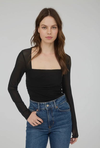 Ruched Waist Square Neck Long Sleeve Knit Top