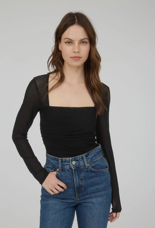 Ruched Waist Square Neck Long Sleeve Knit Top