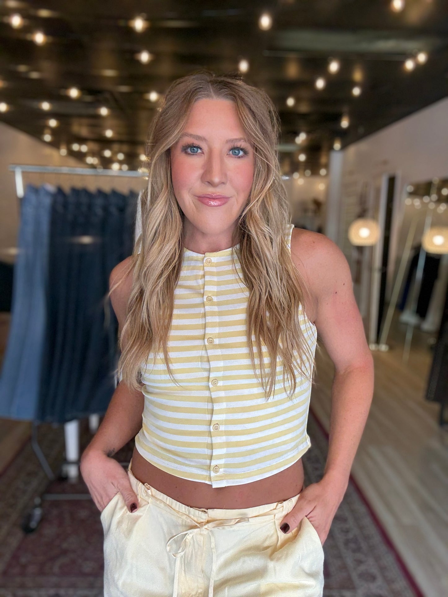 Butter & White Sleeveless High Neck Stripe Knit Top