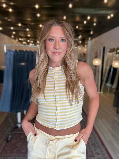 Butter & White Sleeveless High Neck Stripe Knit Top