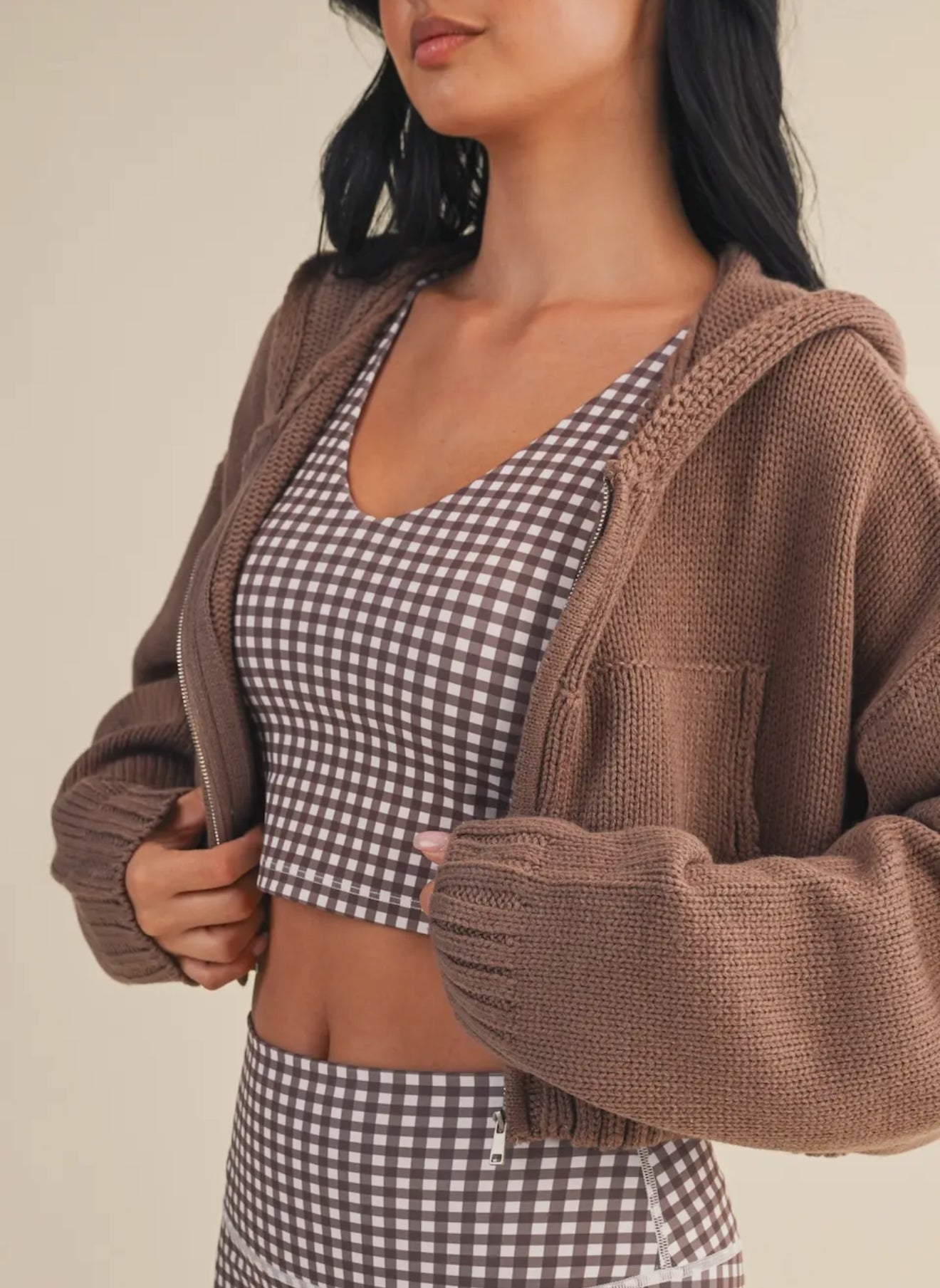 Brown Knit Zip Hoodie Sweater