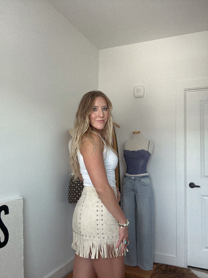 Star Of The Show Fringe Mini Skirt - Cream