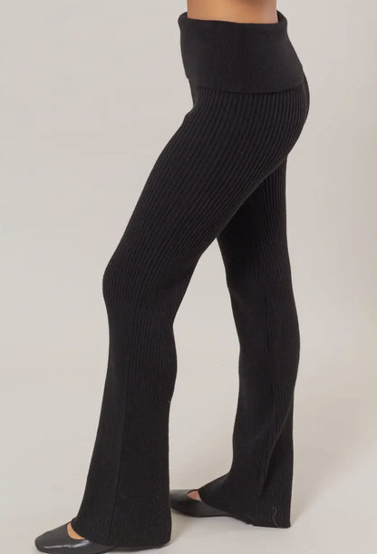 Fold Over Waist Ribbed Flared Knit Pants