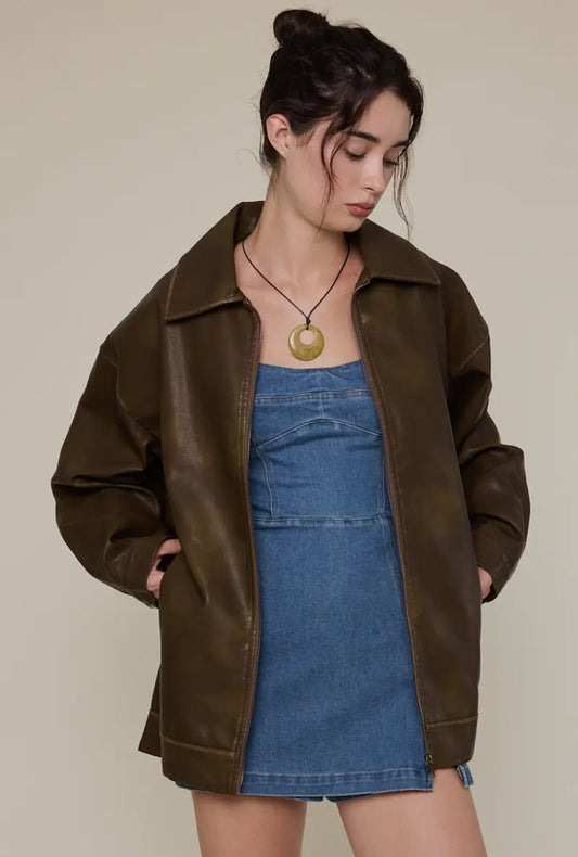 Faux Leather Collared Oversized Casual Jacket