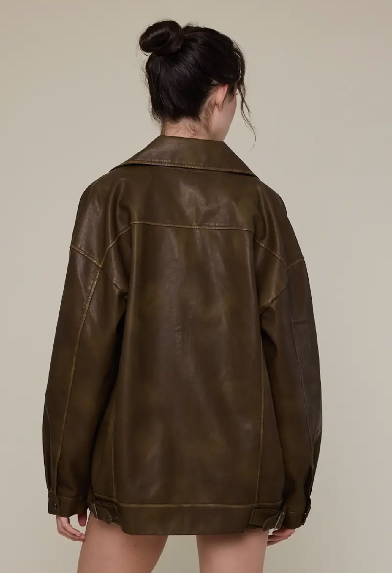 Faux Leather Collared Oversized Casual Jacket